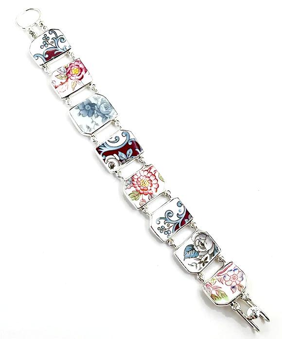 Red, Grey & Blue Floral Vintage Pottery Double Link Large Shard Bracelet - 8 1/2