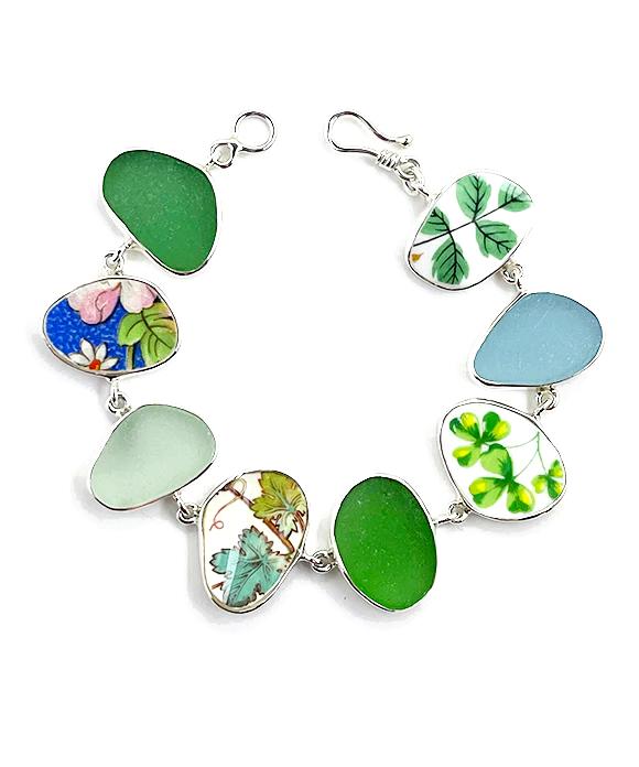 Green Leaves Vintage Pottery & Sea Glass Natural Shape Bracelet - 8