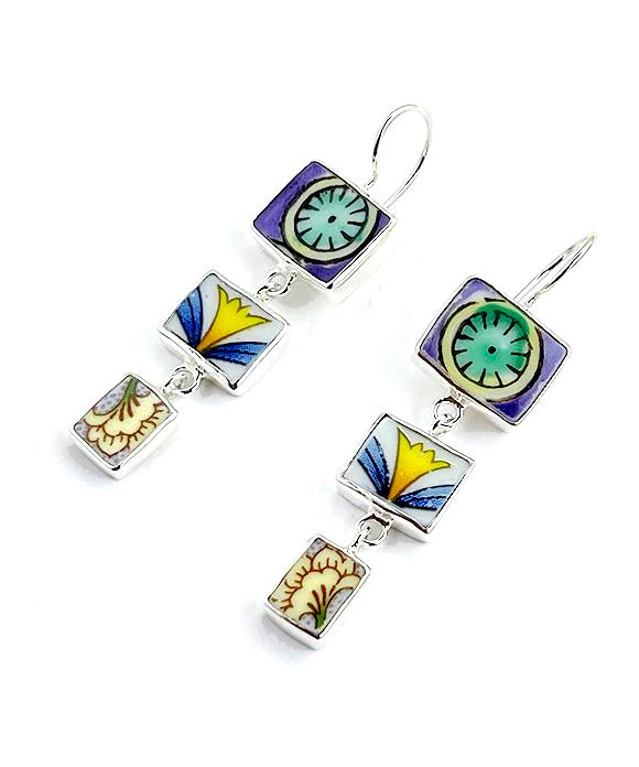 Green & Purple and Bold Floral Vintage Pottery Triple Drop Earrings