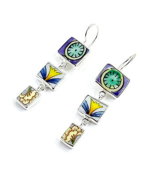 Green & Purple and Bold Floral Vintage Pottery Triple Drop Earrings
