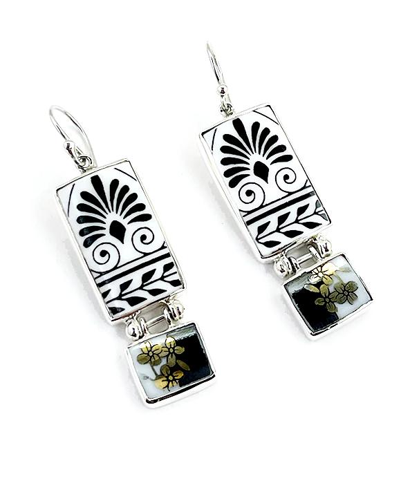 Black & White Patterned Vintage Pottery with Gold Double Drop Barbell Earrings