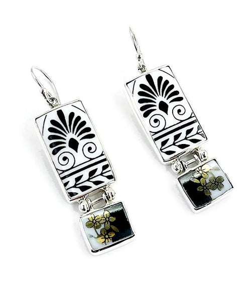 Black & White Patterned Vintage Pottery with Gold Double Drop Barbell Earrings