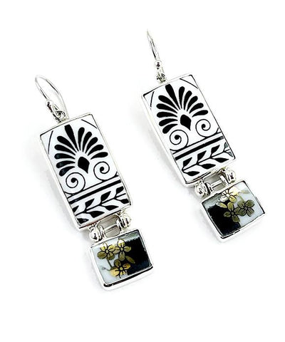 Black & White Patterned Vintage Pottery with Gold Double Drop Barbell Earrings