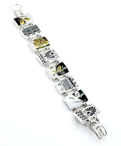 Black, Gold & White Vintage Pottery Barbell  Bracelet - 8 1/2