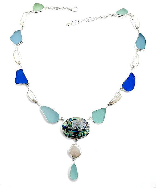 Blue and Aqua Sea Glass with Pearl and Abalone 17 Piece Y-Necklace