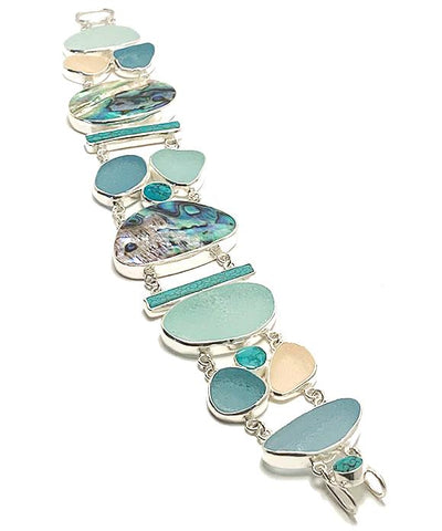 Aqua, Blue and Oink Sea Glass with Turquoise and Abalone Cluster Bracelet - 8