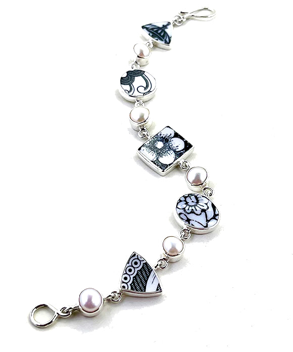 Black & White Vintage Pottery and Pearl Multi Shape Bracelet - 7 3/4