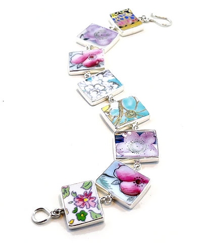 Bold Colorful Floral Vintage Pottery Rectangle Shape Bracelet - 7 1/2