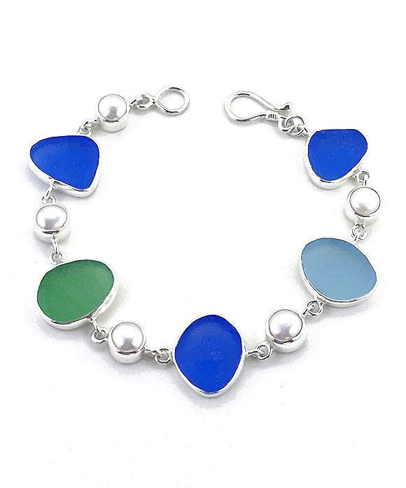 Blue, Green & Aqua  Sea Glass with Pearl Bracelet - 7 3/4