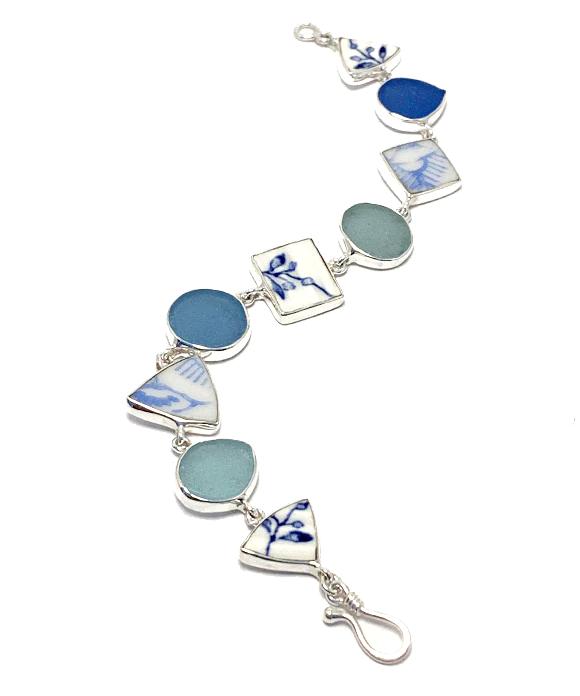 Light Blue & White Vintage Pottery with Blue & Aqua Sea Glass Multi Shape Bracelet - 7 1/2