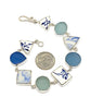 Light Blue & White Vintage Pottery with Blue & Aqua Sea Glass Multi Shape Bracelet - 7 1/2