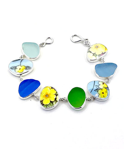 Cobalt, Aqua and Green Sea Glass & Yellow Floral Pottery Natural Shape Bracelet - 7 1/2