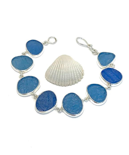 Steel Blue & Cobalt Textured Sea Glass Bracelet - 7 1/2