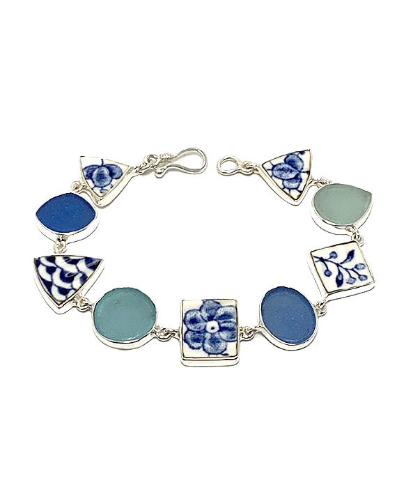 Blue & White Vintage Pottery with Blue & Aqua Sea Glass Multi Shape Bracelet - 7 1/2