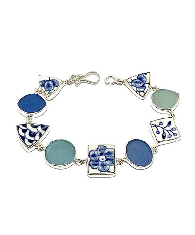 Blue & White Vintage Pottery with Blue & Aqua Sea Glass Multi Shape Bracelet - 7 1/2