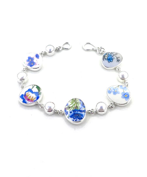 Blue Flower Natural Shape Vintage Pottery and Pearl Bracelet - 7 3/4