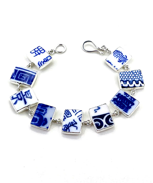 Blue & White Asian Inspired Vintage Pottery Rectangle Shape Bracelet - 7 1/2