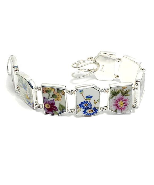 Various Purple and Blue Floral Vintage Pottery Shards Double Link Shard Bracelet - 7 1/2