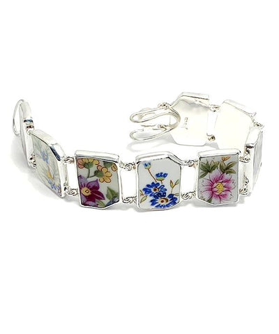 Various Purple and Blue Floral Vintage Pottery Shards Double Link Shard Bracelet - 7 1/2
