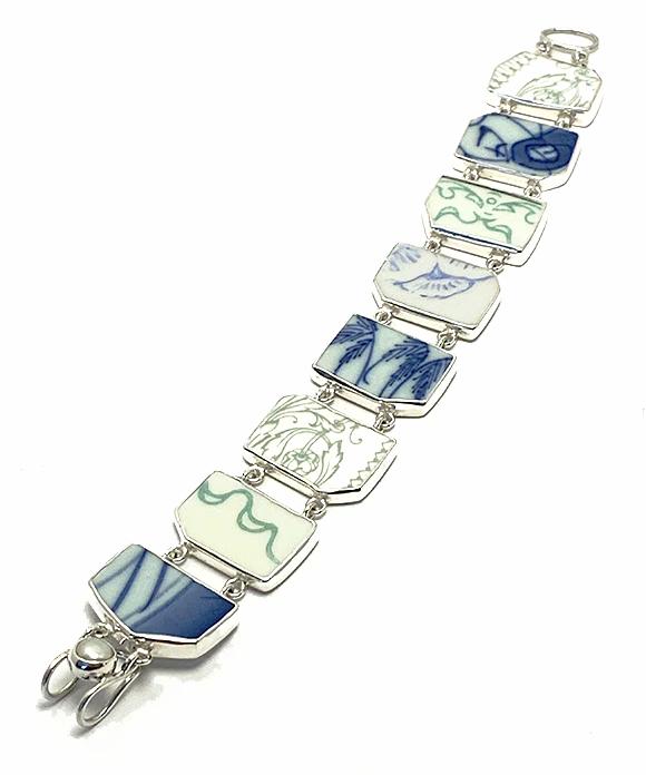 Blue, Green & White Vintage Pottery Double Link Shard Bracelet - 8