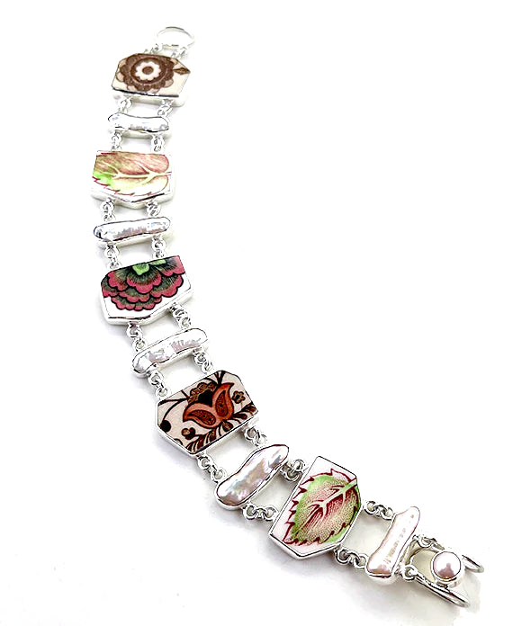 Brown, Red & Pink Floral Vintage Pottery with White Biwa Pearls Double Link Shard Bracelet - 8 1/4