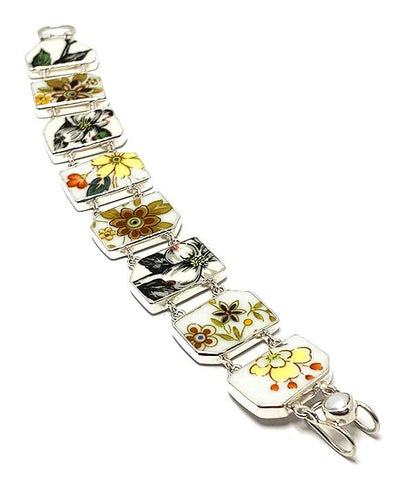 Bold Brown, Black & Yellow Flower Vintage Pottery Double Link Shard Bracelet - 7 3/4