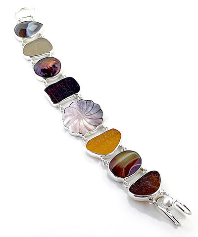 Shades of Brown Sea Glass with Mother of Pearl Flower & Stone Double Link Bracelet - 8