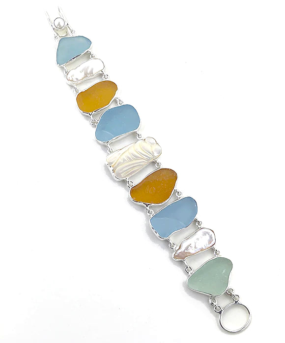 Amber and Aqua Sea Glass with Mother of Pearl Cicada and Pearls Double Link Bracelet - 7 1/2
