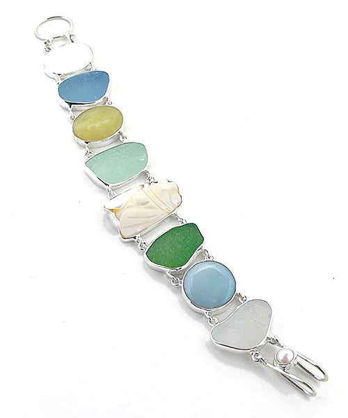 Blue, Aqua, Green & Clear Sea Glass with Mother of Pearl Cicada and Stones Double Link Bracelet - 7 1/2