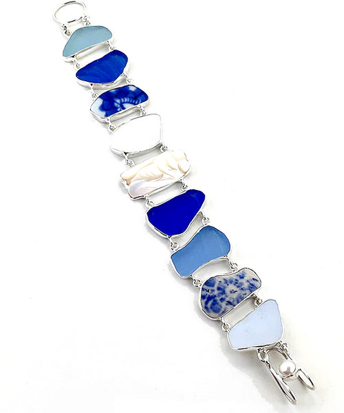 Cobalt, Pale Blue & White Sea Glass & Sea Pottery with Mother of Pearl Cicada Double Link Bracelet - 7 3/4