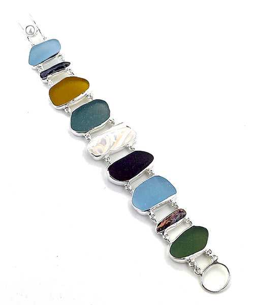 Earth Tone Sea Glass with Mother of Pearl Cicada & Pearl Double Link Bracelet - 7 1/2