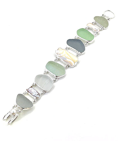 Pale Greens, Grey & Clear Sea Glass with Mother of Pearl Cicada Double Link Bracelet - 7 1/2
