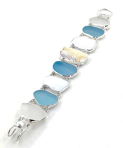 Pale Blue & White Sea Glass with Mother of Pearl Cicada Double Link Bracelet - 7 1/2