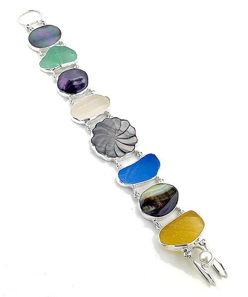 Earth Tone Sea Glass with Mother of Pearl & Stone Double Link Bracelet - 7 1/2