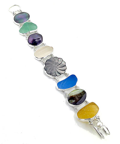 Earth Tone Sea Glass with Mother of Pearl & Stone Double Link Bracelet - 7 1/2