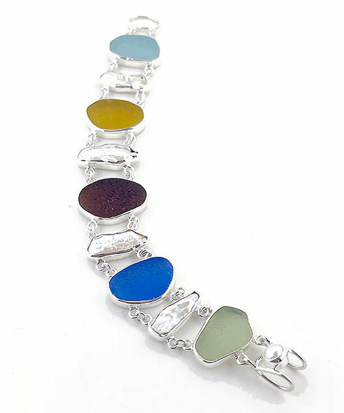 Earth Tone Sea Glass with White Biwa Pearl Double Link Bracelet - 7 1/2