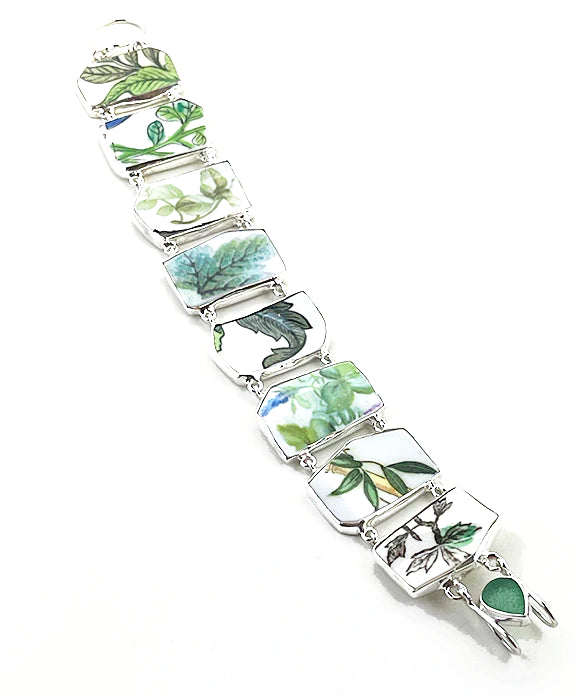 Green Leaves Vintage Pottery Double Link Shard Bracelet - 8 1/2