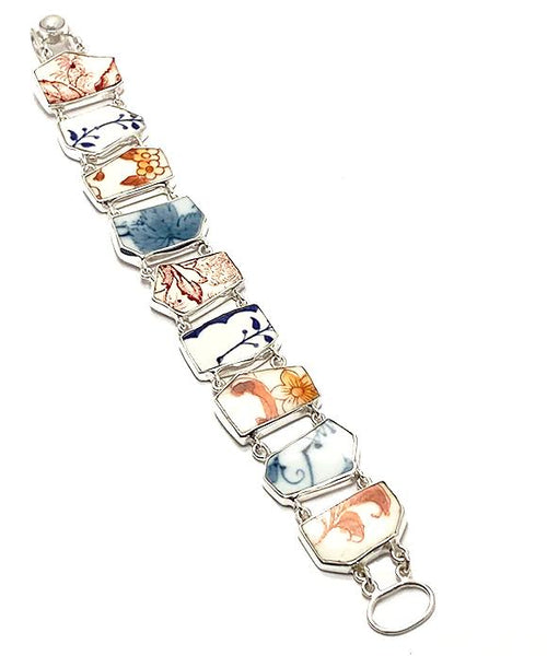 Red, Blue, Orange and White Floral Vintage Pottery Double Link Shard Bracelet - 8