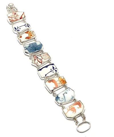 Red, Blue, Orange and White Floral Vintage Pottery Double Link Shard Bracelet - 8