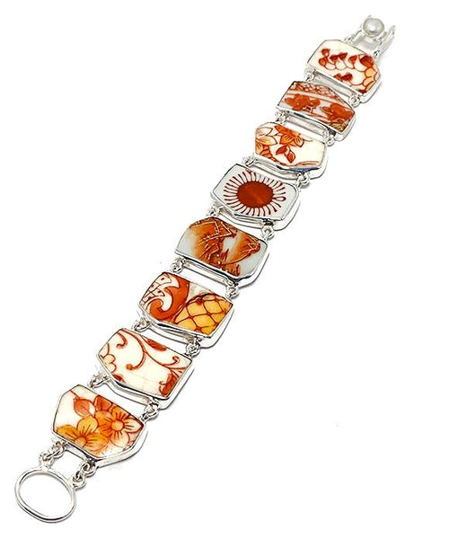 Dark Orange Vintage Pottery Double Link Shard Bracelet - 7 1/2