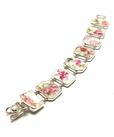 Pink Roses and Flowers on White Vintage Pottery Double Link Shard Bracelet - 7 1/2