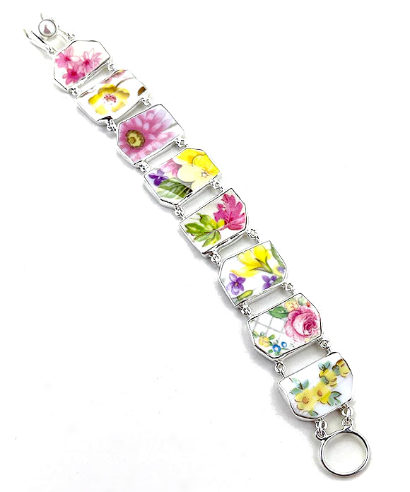 Pink & Yellow Flowers Vintage Pottery Double Link Shard Bracelet - 7 3/4