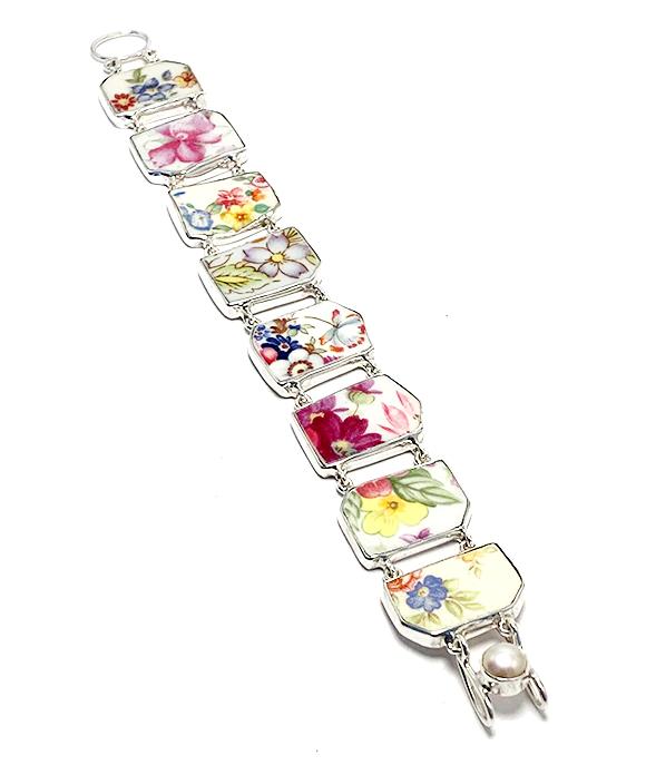Colorful Flower Bouquet Vintage Pottery Double Link Shard Bracelet - 7 1/2