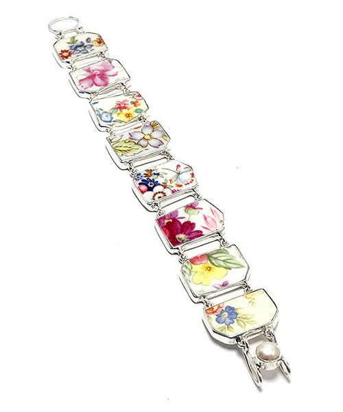 Colorful Flower Bouquet Vintage Pottery Double Link Shard Bracelet - 7 1/2