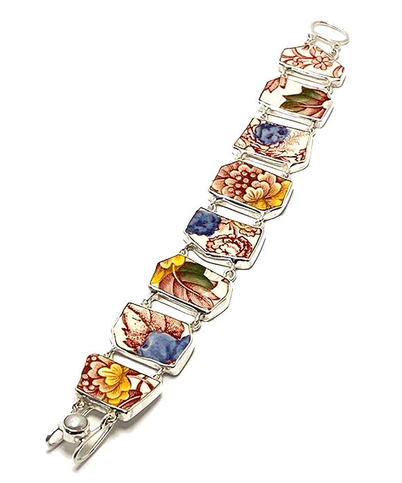 Red, Blue, Green & White Floral Vintage Pottery Double Link Shard Bracelet - 7 3/4
