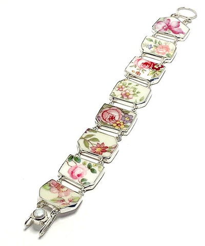 Pretty Pink Floral on White Vintage Pottery Shards Double Link Shard Bracelet - 7 1/2