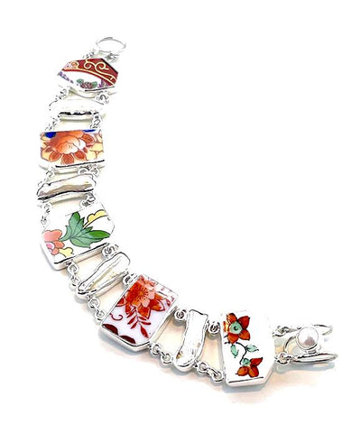 Orange Floral Vintage Pottery with White Biwa Pearls Double Link Shard Bracelet - 7 1/2