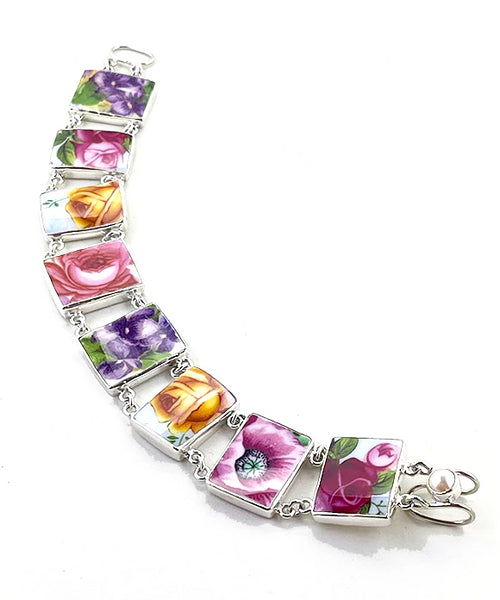 Big Bold Flower Rectangle Shaped Vintage Pottery Double Link Shard Bracelet - 8 1/2