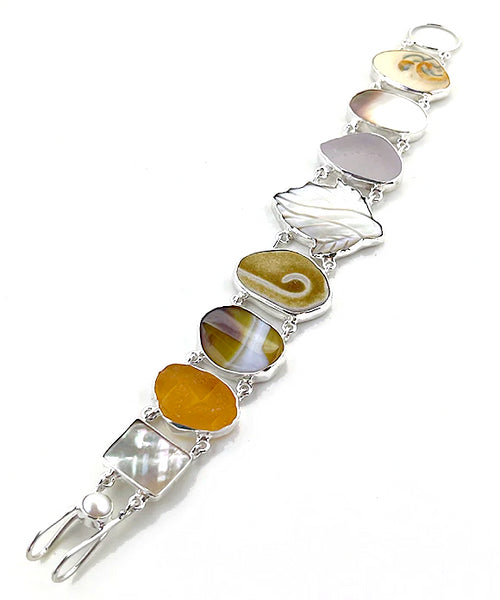 Amber Sea Glass & Sea Pottery with Mother of Pearl Leaf & Stone Double Link Bracelet - 7 1/2