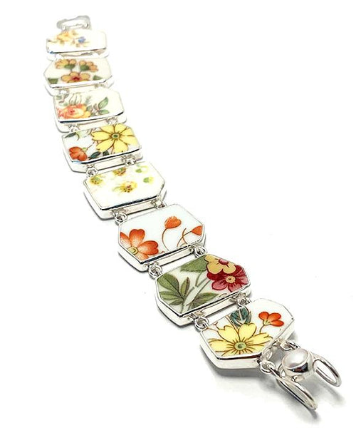 Yellow & Orange Flowers on White Vintage Pottery Double Link Shard Bracelet - 7 1/2